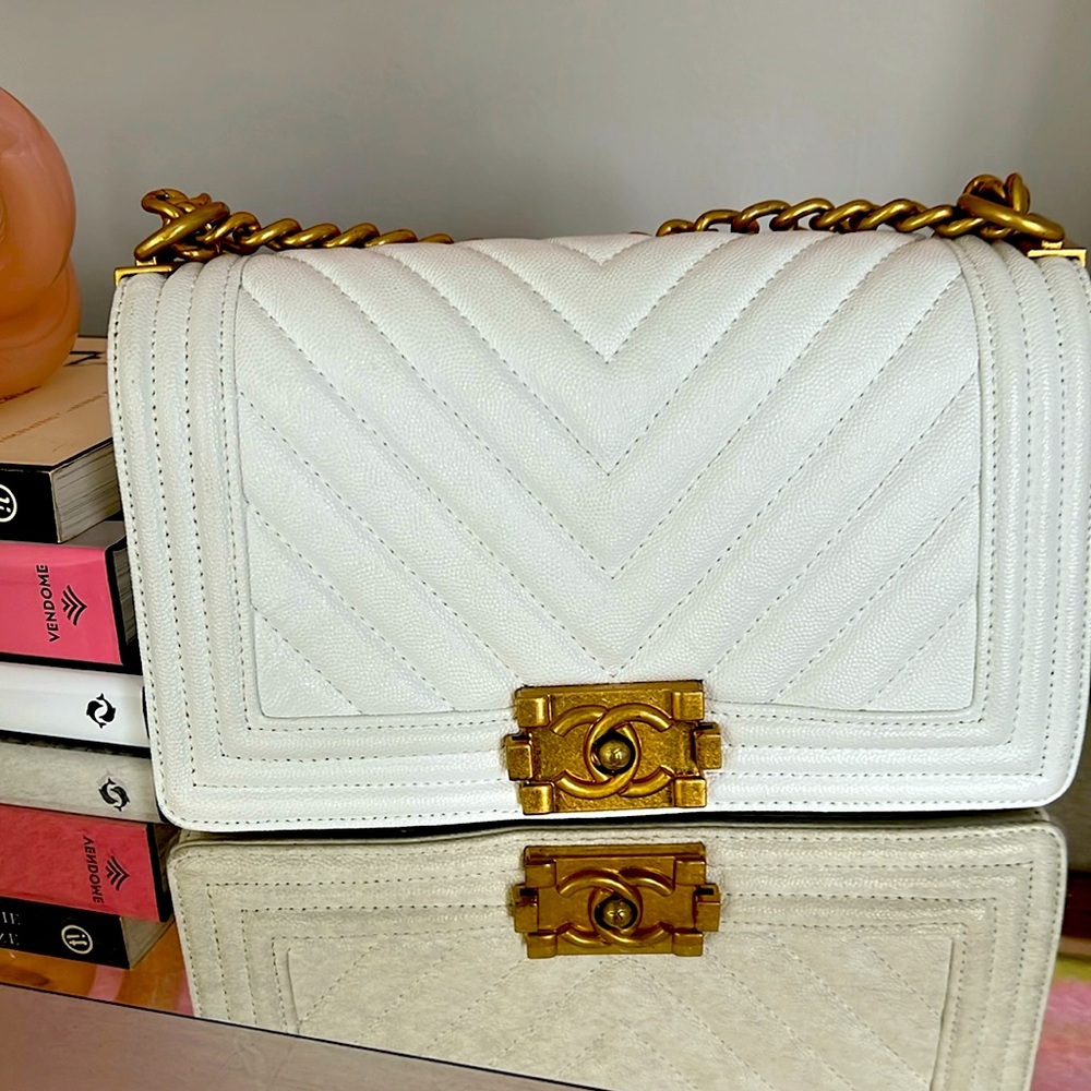 COPY - white classic boy bag white leather with gold hardware.